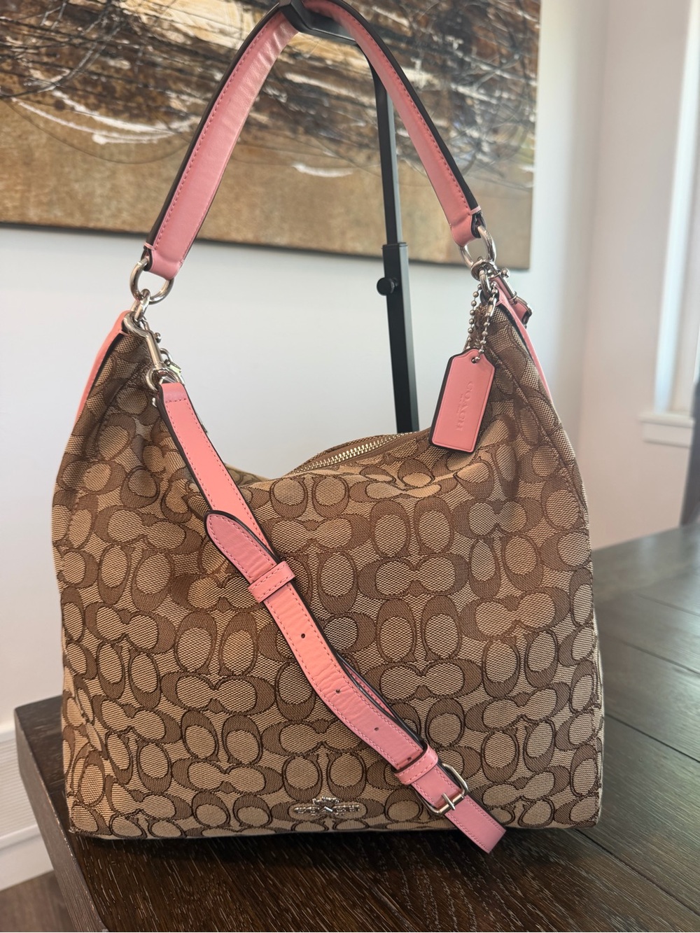 Coach Celeste Signature Canvas Hobo Bag with Pink Leather. Style F58327 - Picture 1 of 7